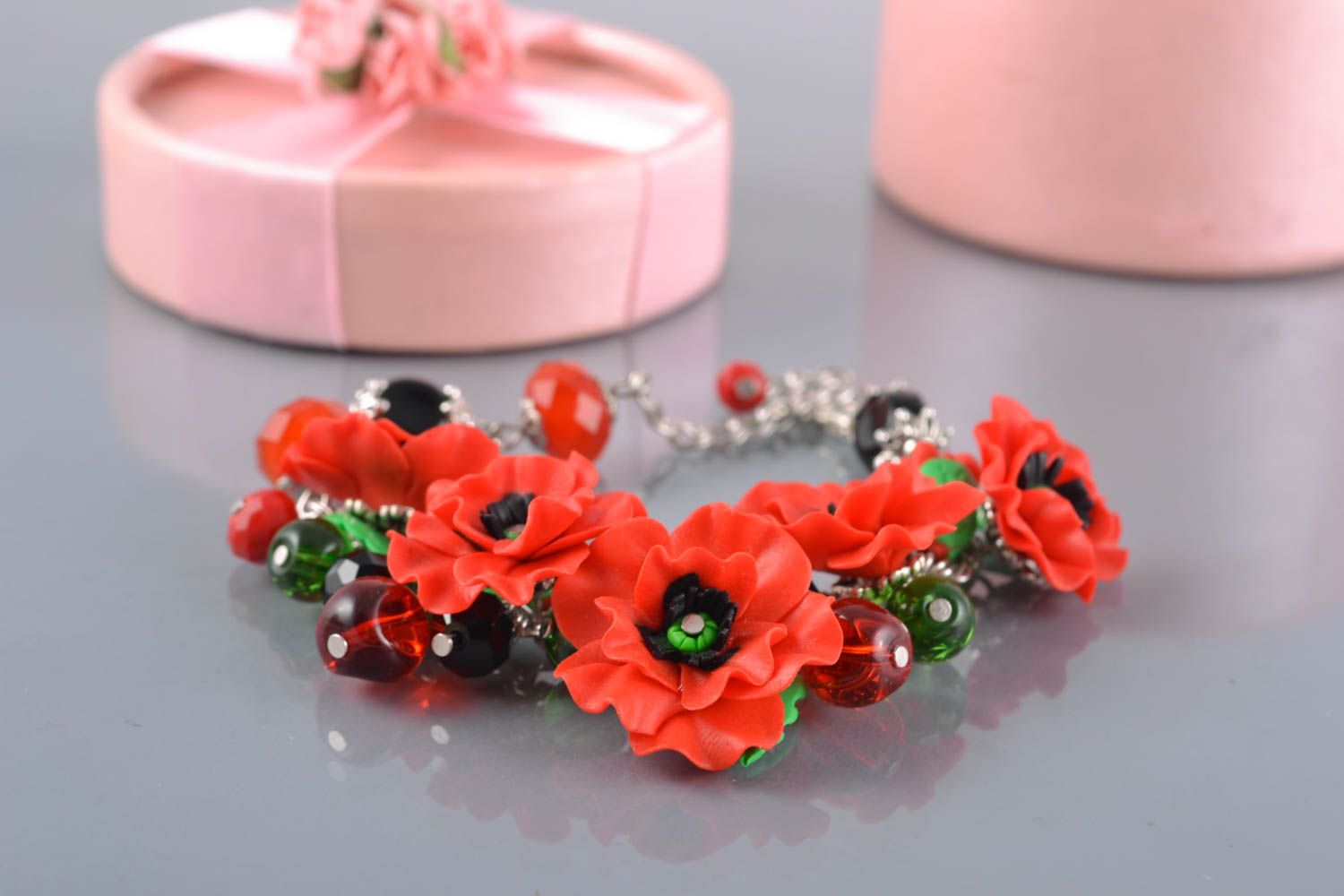 Volume red bracelet with polymer clay flowers photo 2