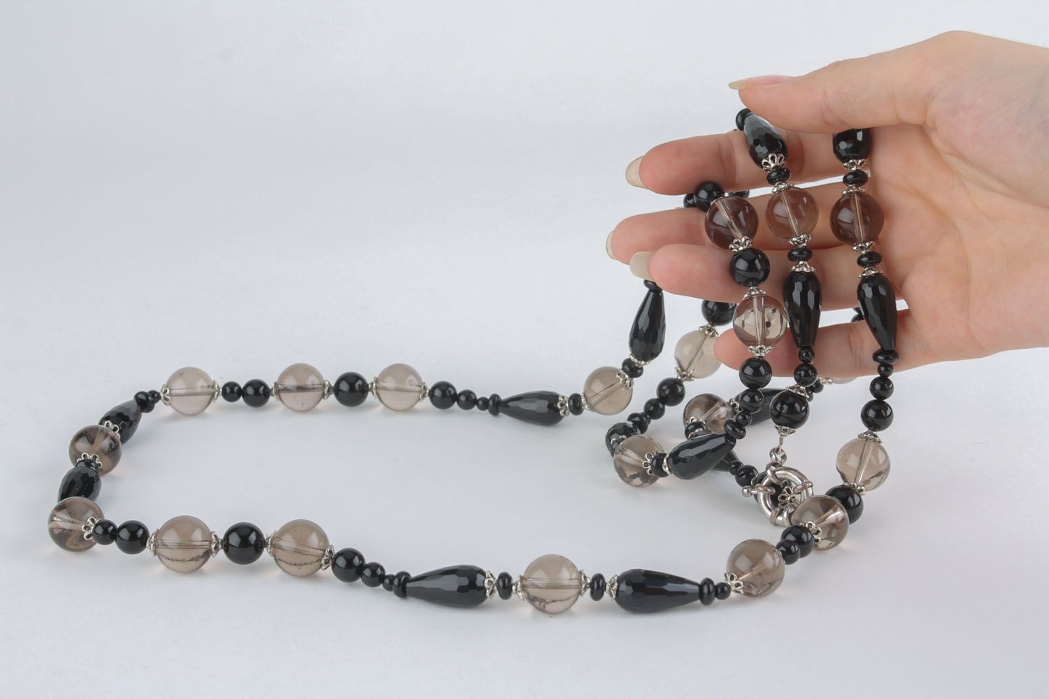 Necklace with natural stones in gray color palette photo 5