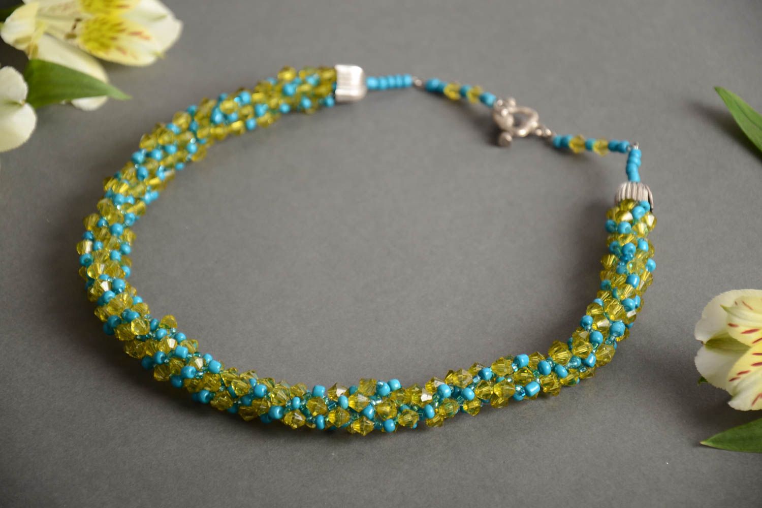 Handmade thin necklace crocheted of Czech beads in blue and yellow colors photo 1