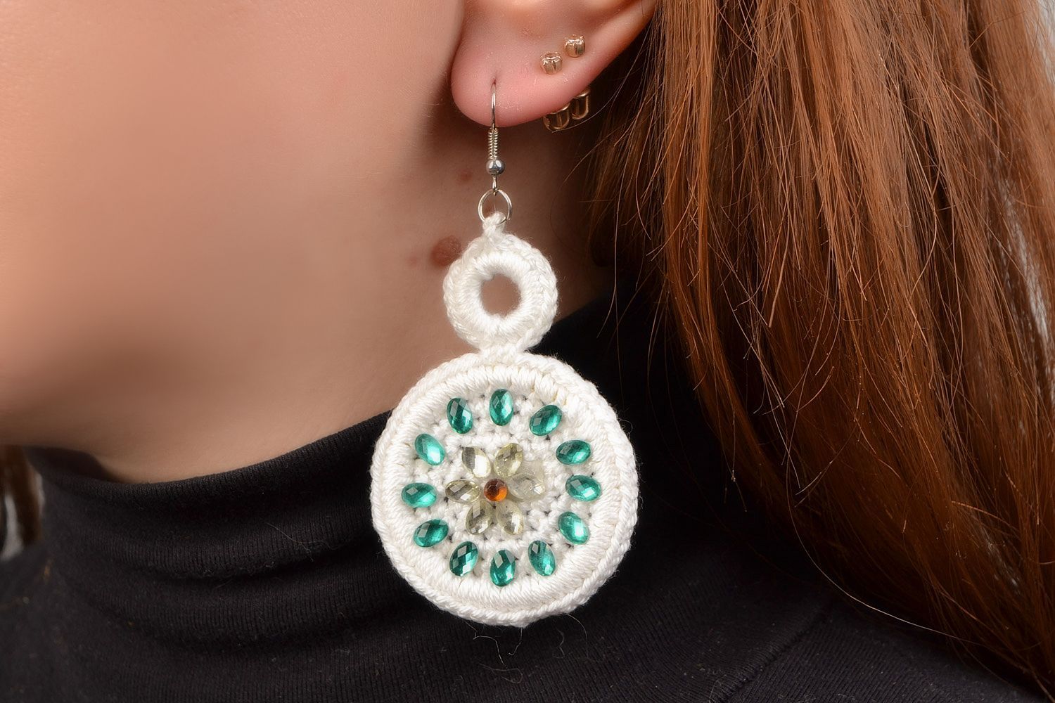 Handmade designer earrings woven of white cotton threads with rhinestones photo 1