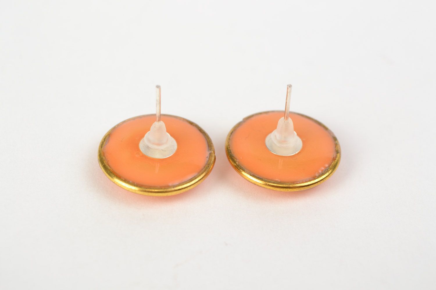 Handmade metal stud earrings of peach color with jewelry glaze for women photo 4