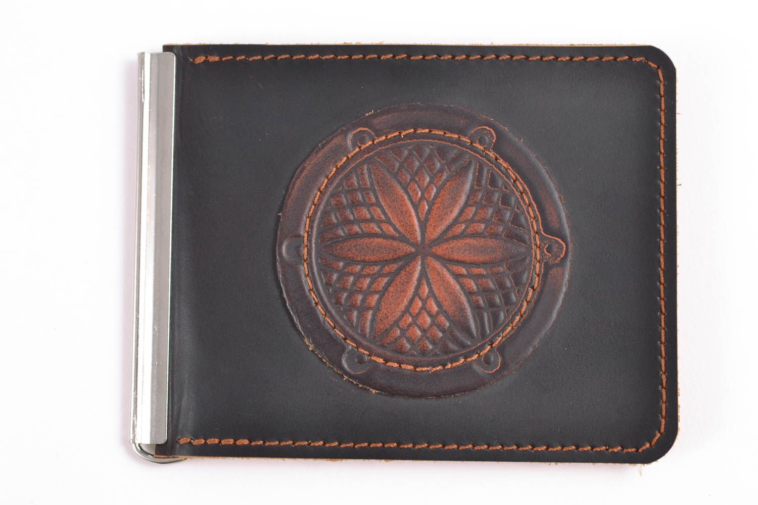 Pince à billets porte-cartes en cuir naturel faite main originale avec gaufrage photo 4