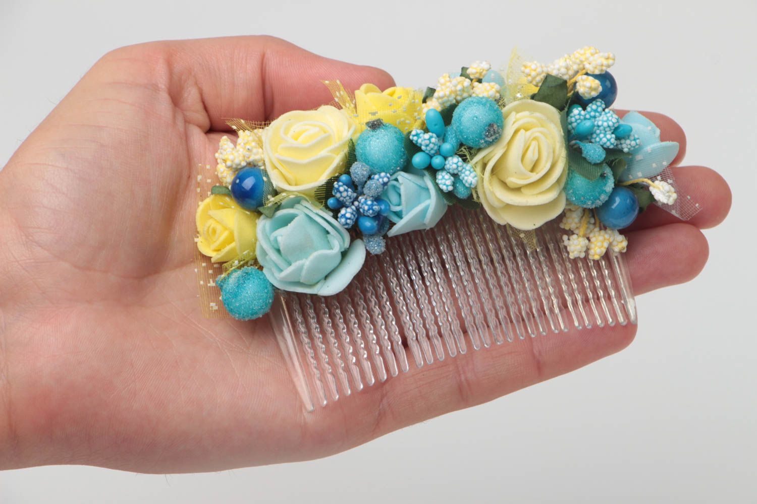 Beautiful handmade plastic hair comb with flowers and berries photo 5