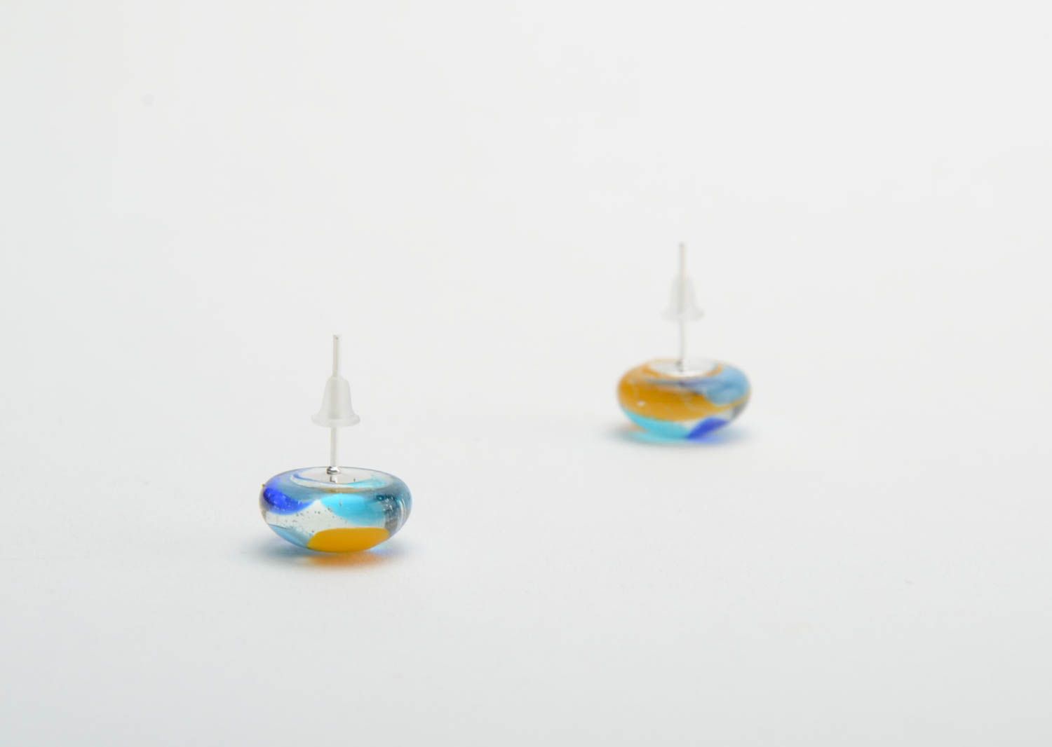 Small stud earrings round-shaped colored blue with yellow glass handmade jewelry photo 4