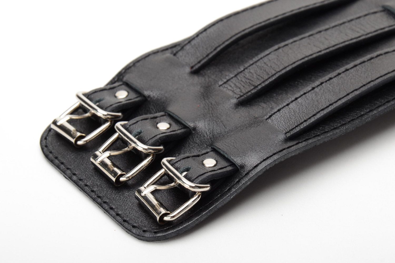 Wide handmade black genuine leather wrist bracelet with three buckles unisex photo 5