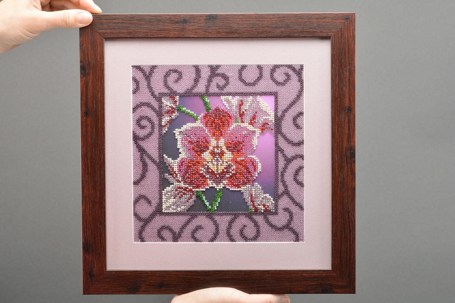 Beautiful handmade wall picture embroidered with beads in frame Orchid  photo 3