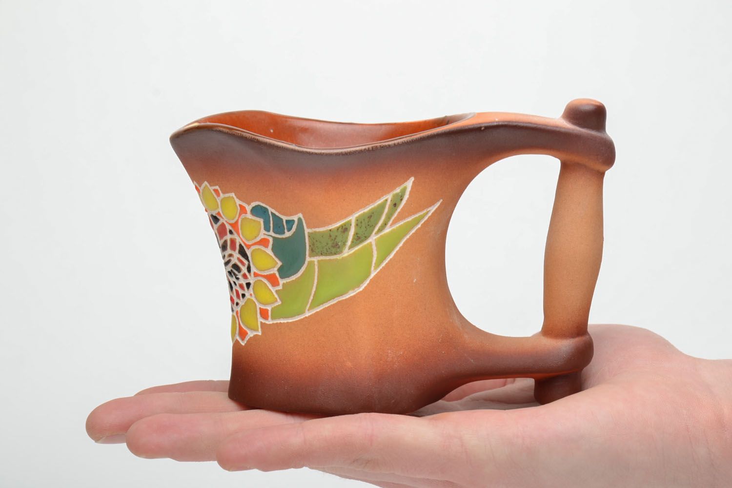 Square handmade terracotta color coffee or tea cup with wide large handle and sunflower pattern photo 5