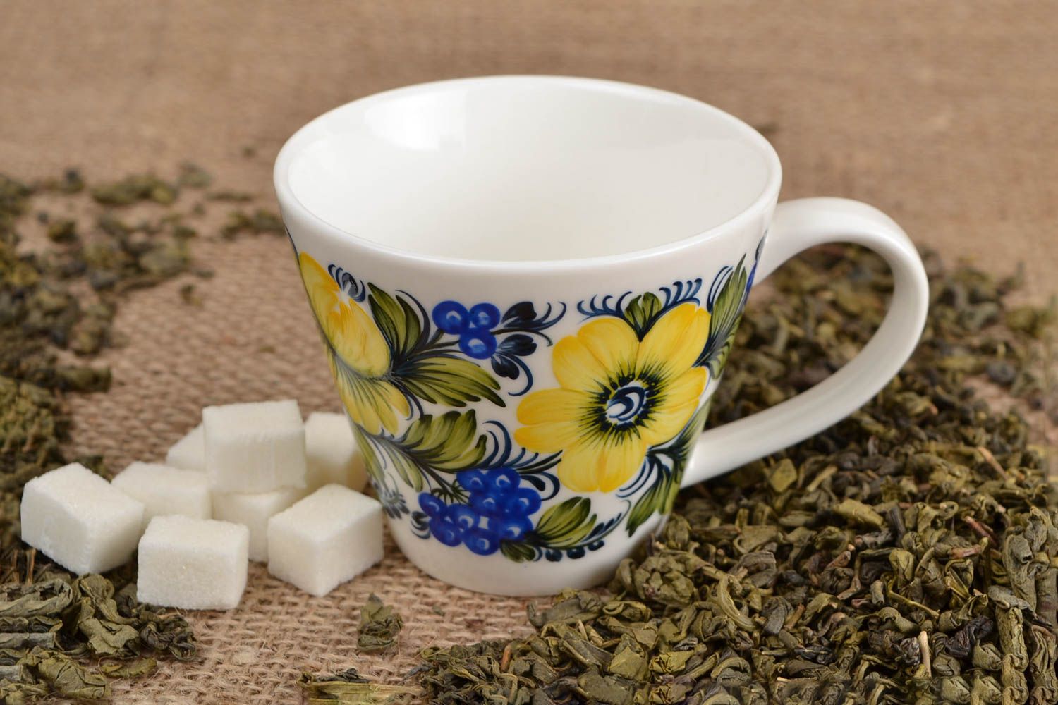 Porcelain ceramic white, blue, yellow floral decorative cup 8 oz cup photo 1