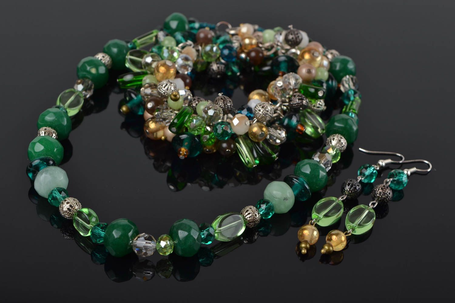 Handmade green natural stone designer jewelry set necklace bracelet earrings photo 1