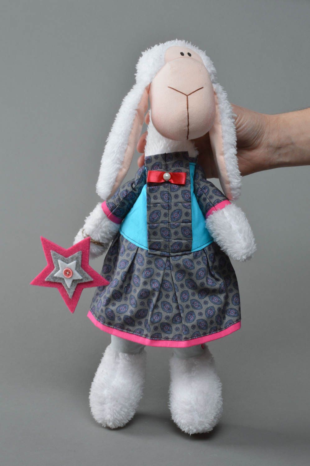 Handmade designer faux fur soft toy white lamb in dress with felt star photo 1
