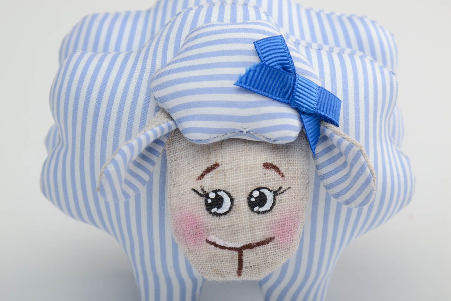 Handmade small soft toy lamb sewn of blue and white striped linen fabric photo 3