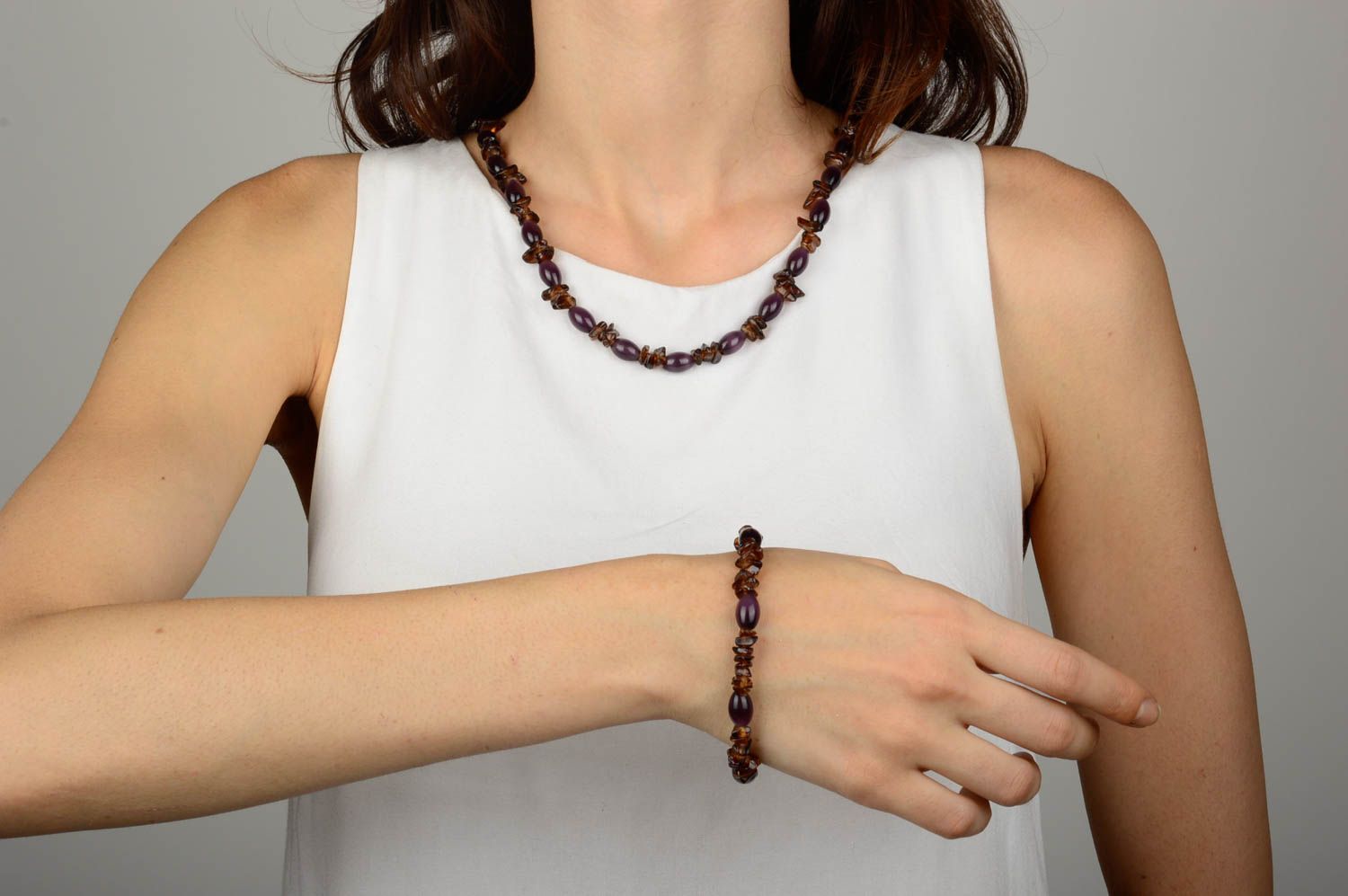 Ensemble bijoux Collier fait main Bracelet original perles de pierre œil-de-chat photo 5