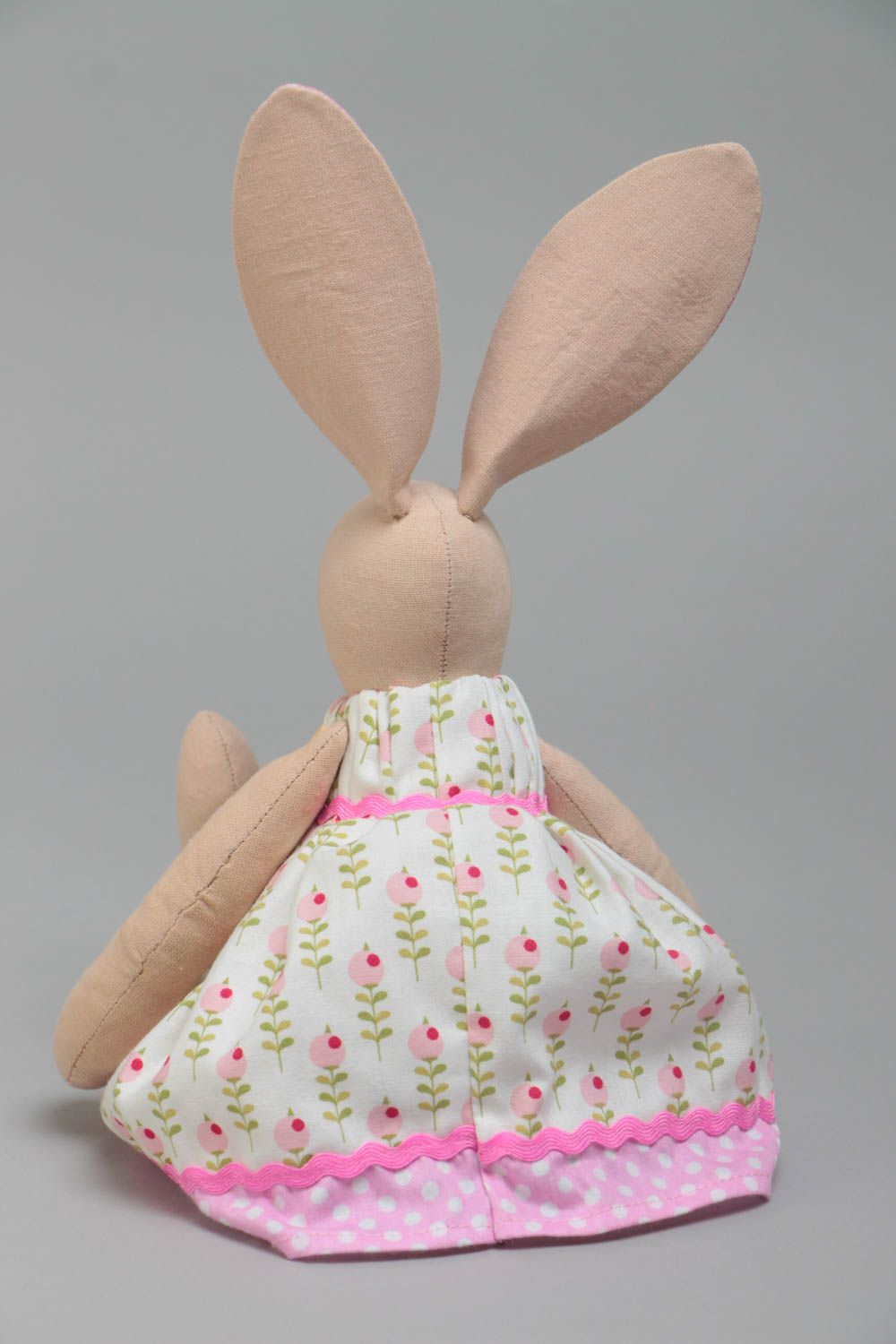 Handmade cotton fabric soft toy rabbit in floral dress with pink polka dot ears photo 4