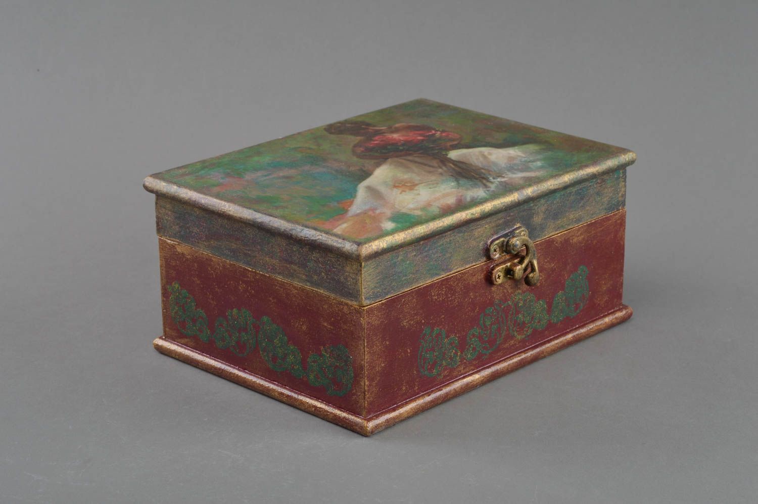 Boîte rectangulaire en bois serviettage faite main pour bijoux originale photo 1