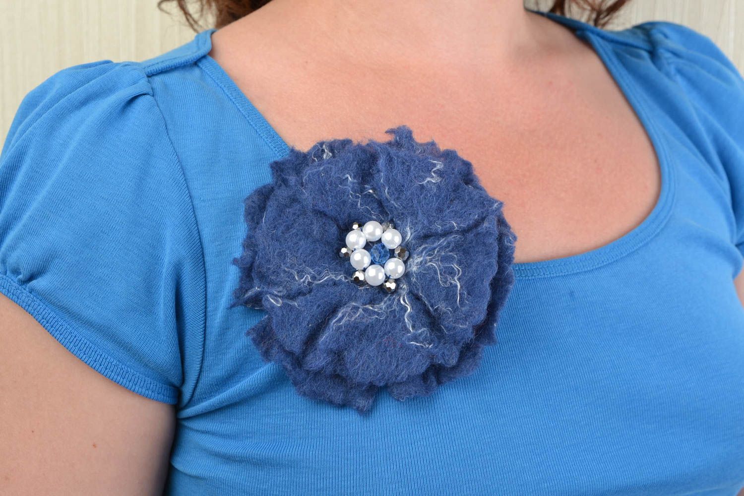Handmade flower brooch made of felt designer blue beautiful accessory for winter photo 1