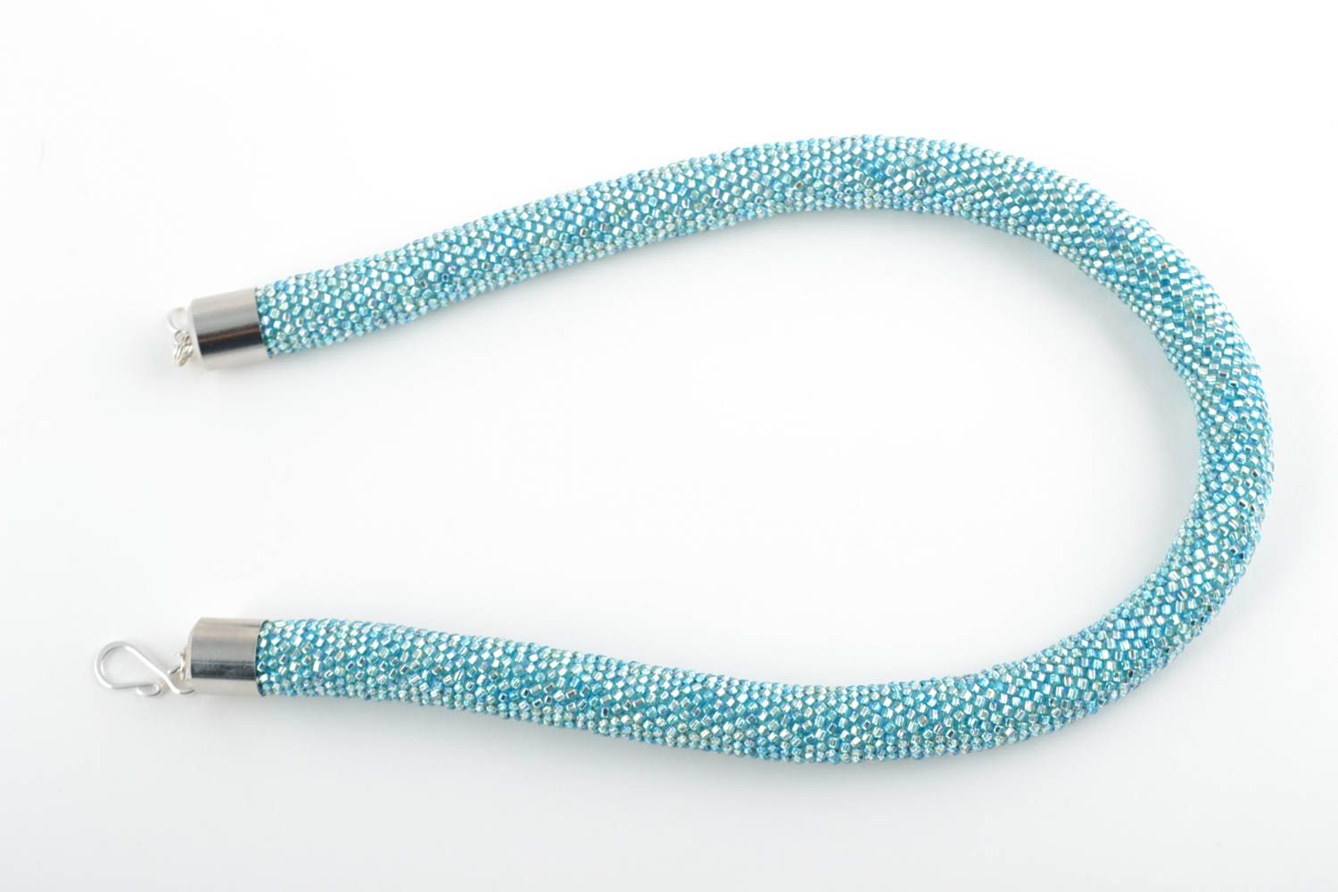 Festive massive handmade woven blue beaded cord necklace with Japanese beads photo 4
