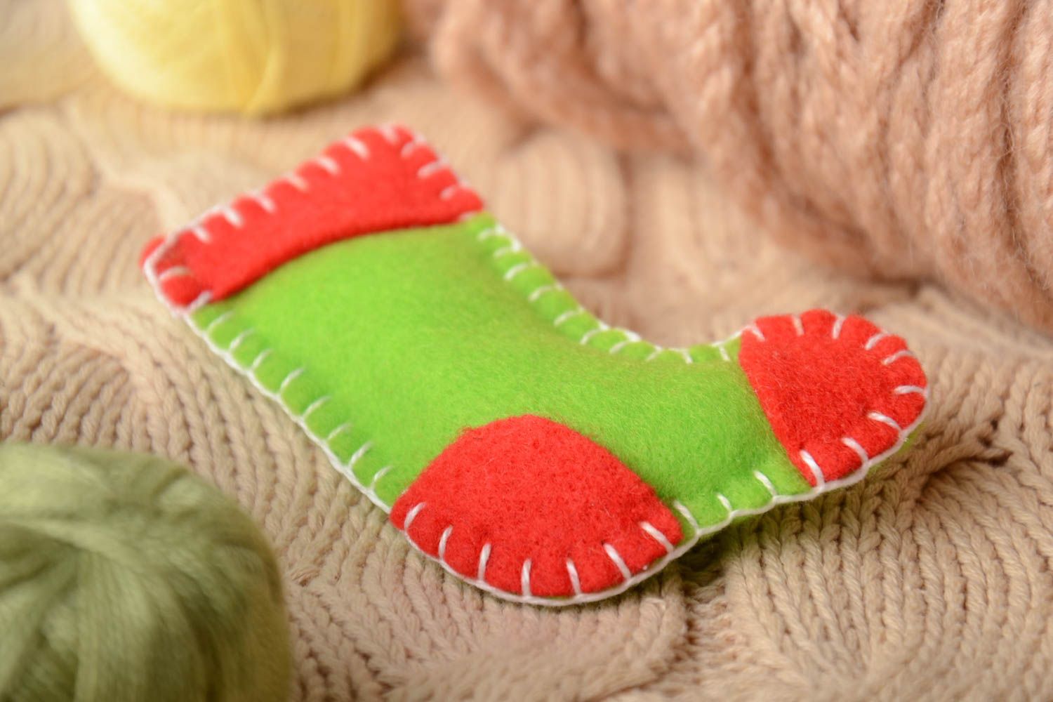 Handmade small felt soft toy Christmas tree ornament green and red Sock photo 1