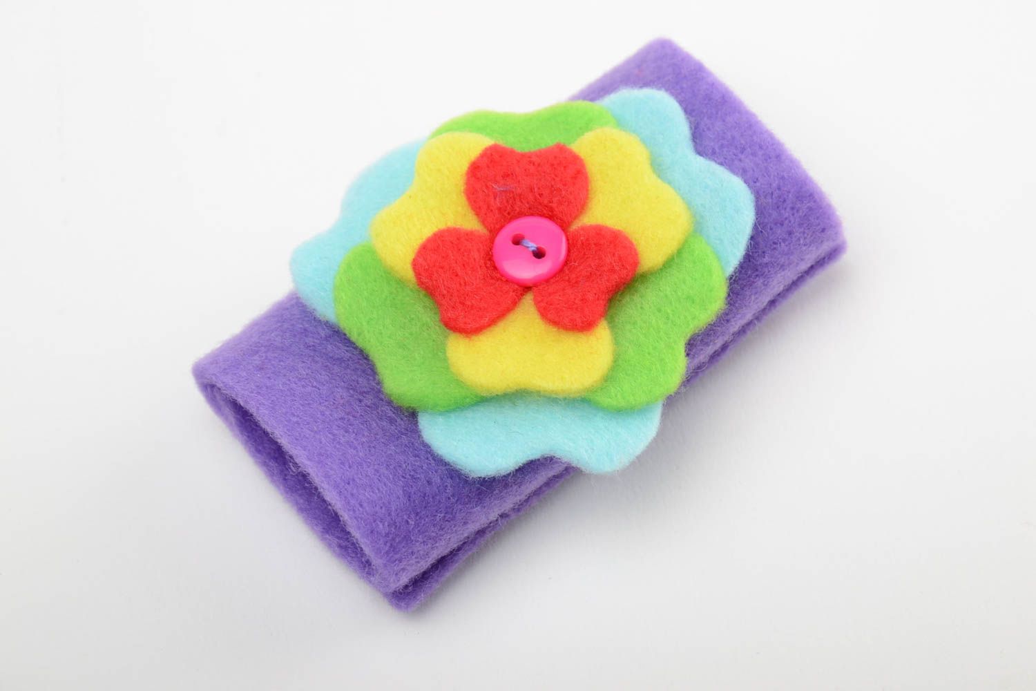 Handmade bright violet decorative felt cutlery holder with colorful flower photo 2