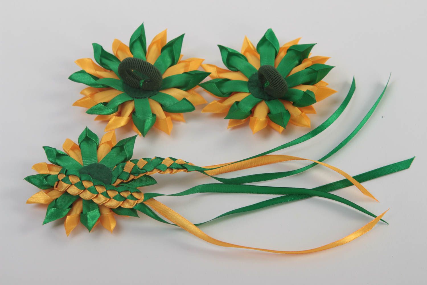 Handmade jewelry set 3 flower hair ties flower bracelet kanzashi flowers  photo 3