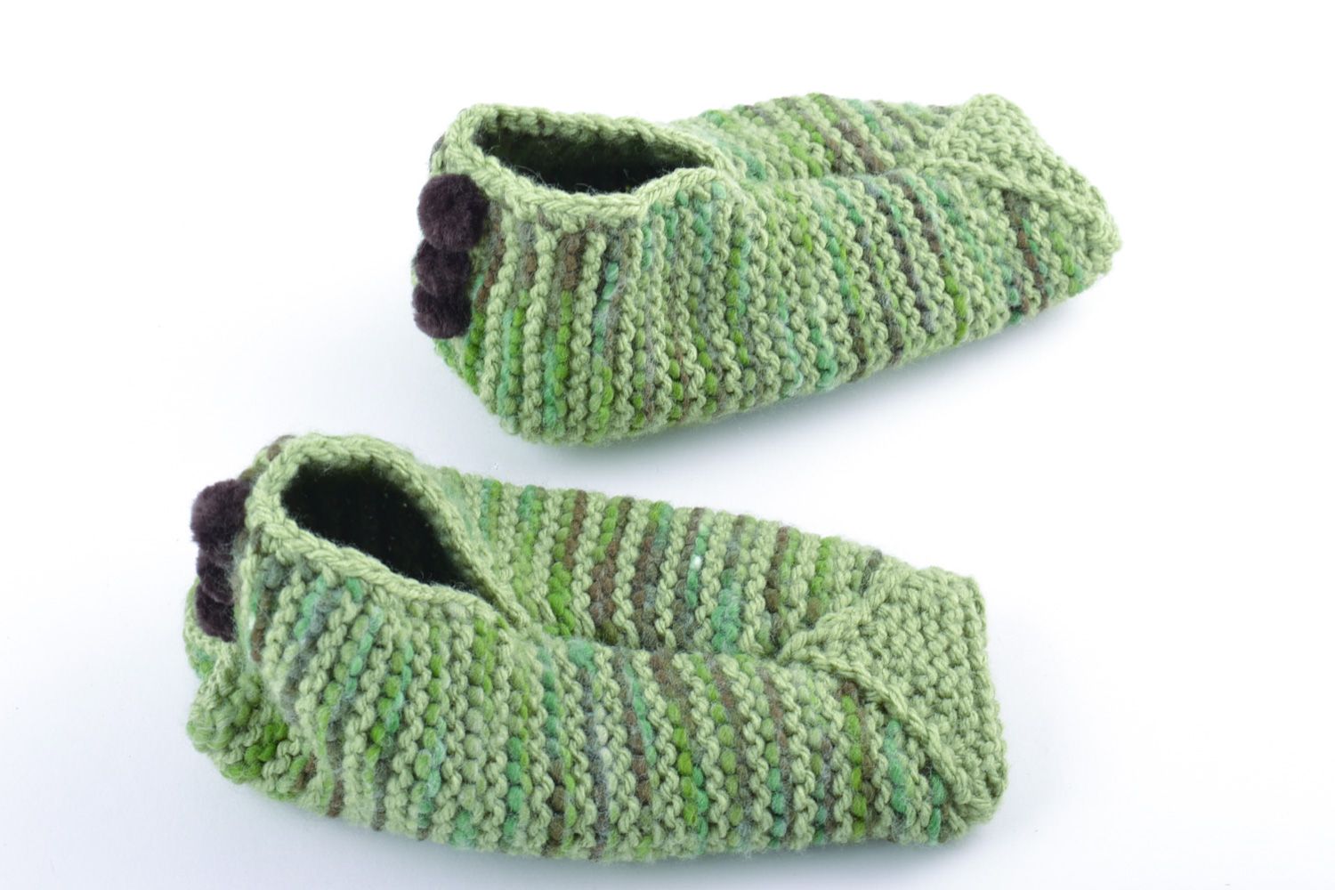 Light green warm hand knitted wool house slippers for adults and children photo 2
