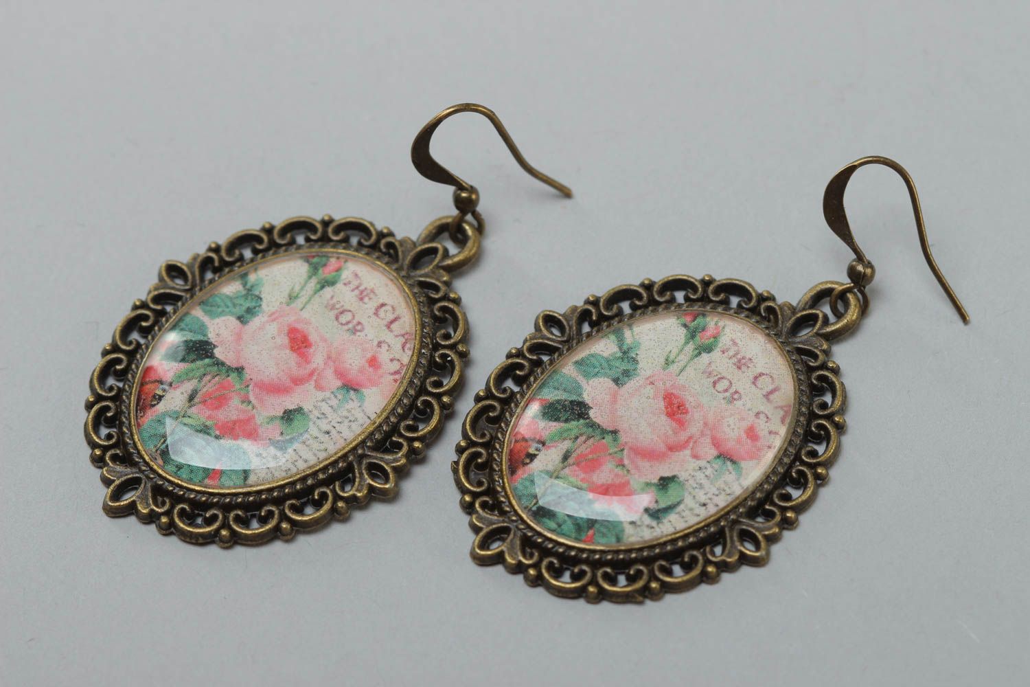 Handmade long oval glass glaze earrings with flowers photo 2