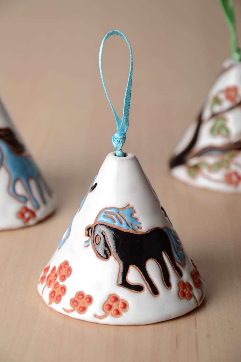 Handmade decorative hanging ceramic bell coated with glaze and enamel Horse photo 1
