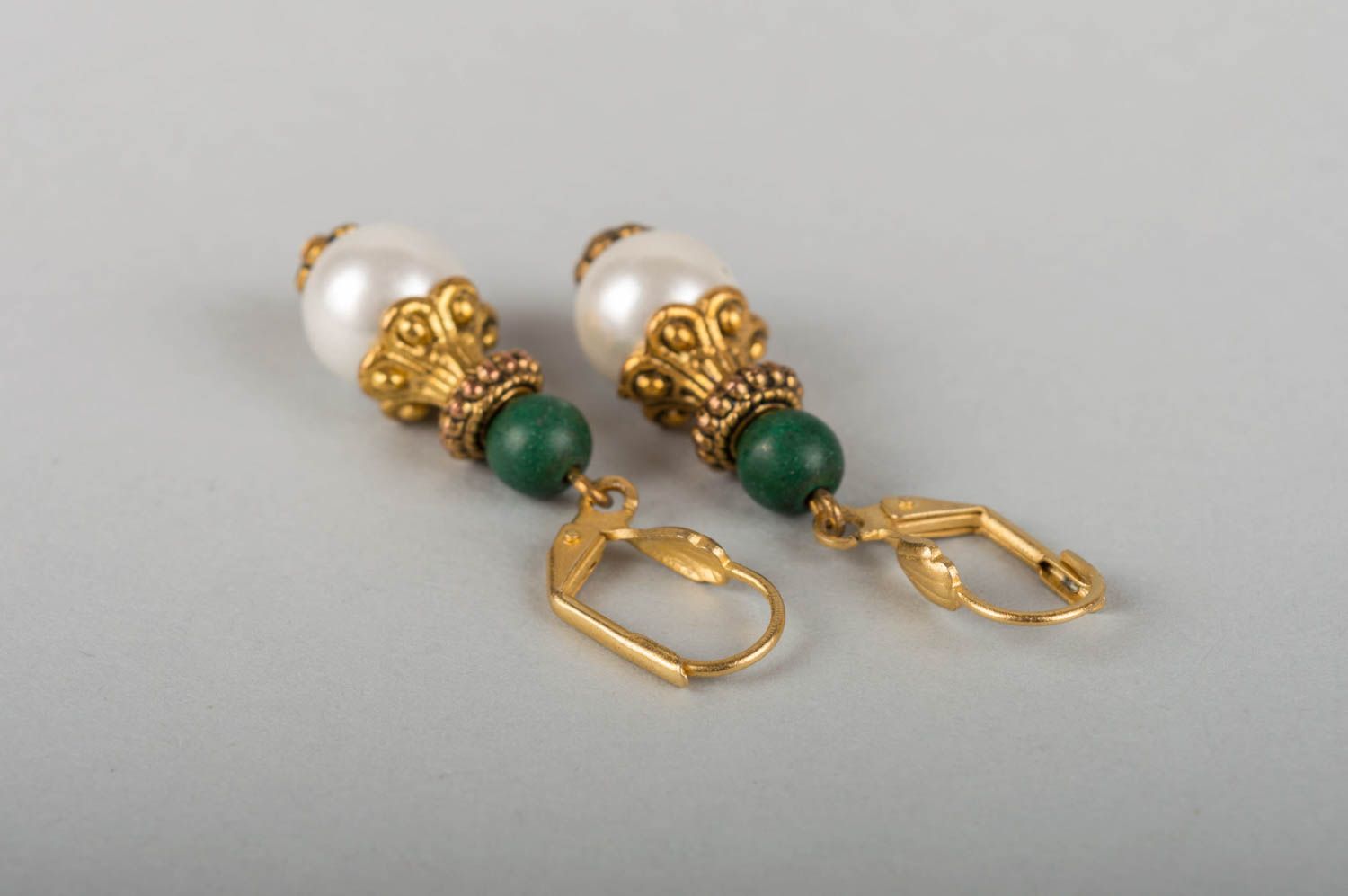Brass earrings with agate and pearls handmade evening accessory for women photo 4