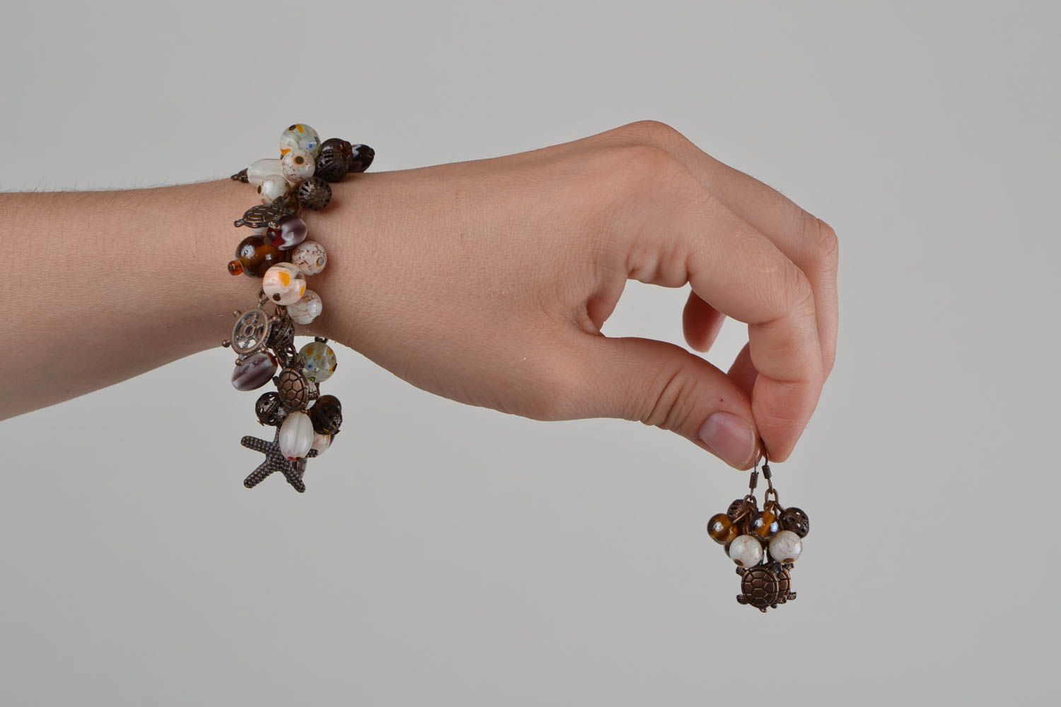 Handmade brown natural stone jewelry set  earrings and bracelet with charms photo 2
