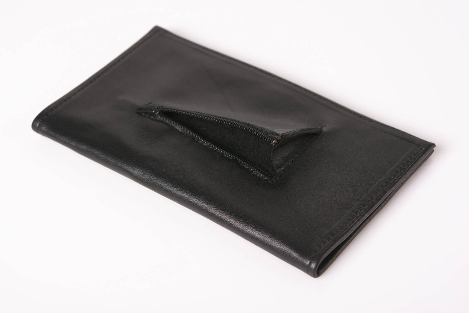 Big stylish handmade black wallet made of natural leather with snap-fastener photo 3