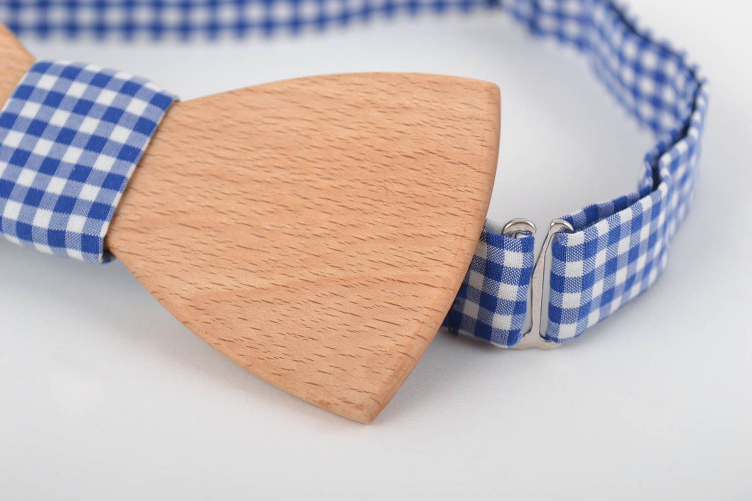 Handmade designer wooden bow tie with checkered blue fabric strap photo 2