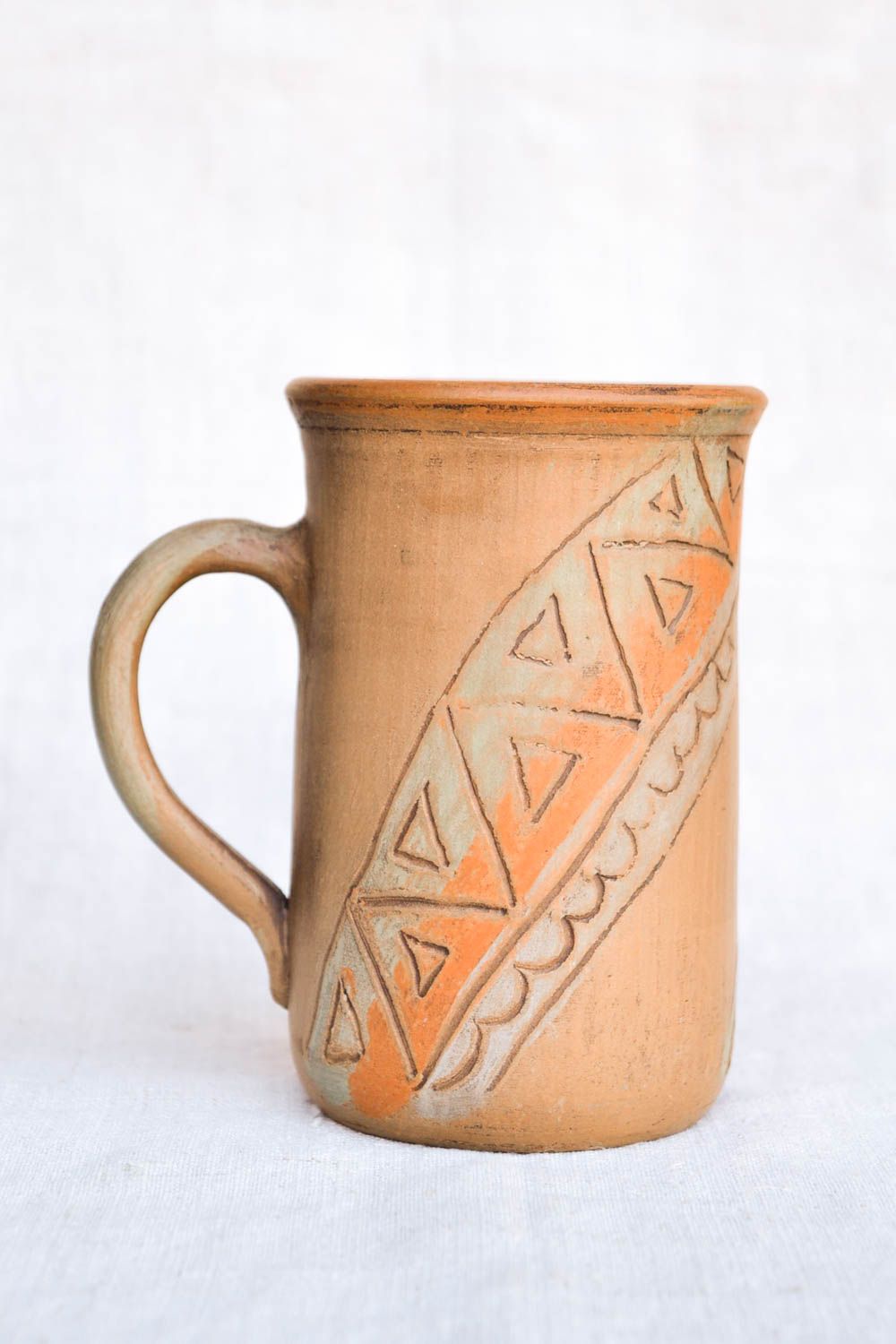 13 oz clay tall cup for tea in olive and brown color with handle  photo 3