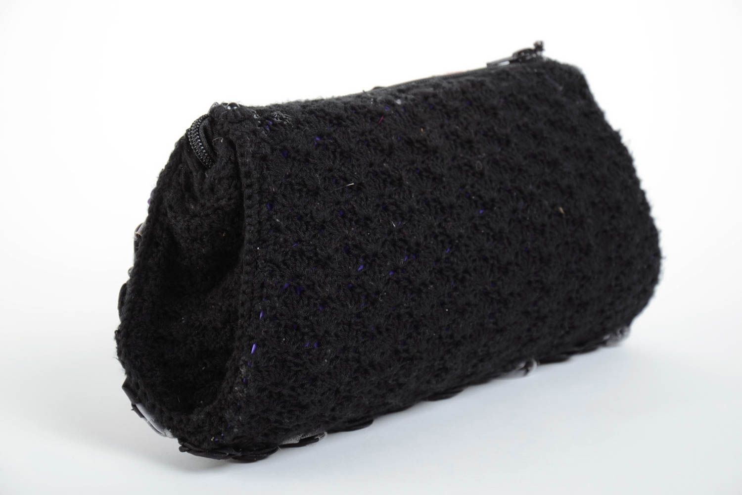 Handmade small designer crocheted black clutch bag with satin ribbon flowers photo 3