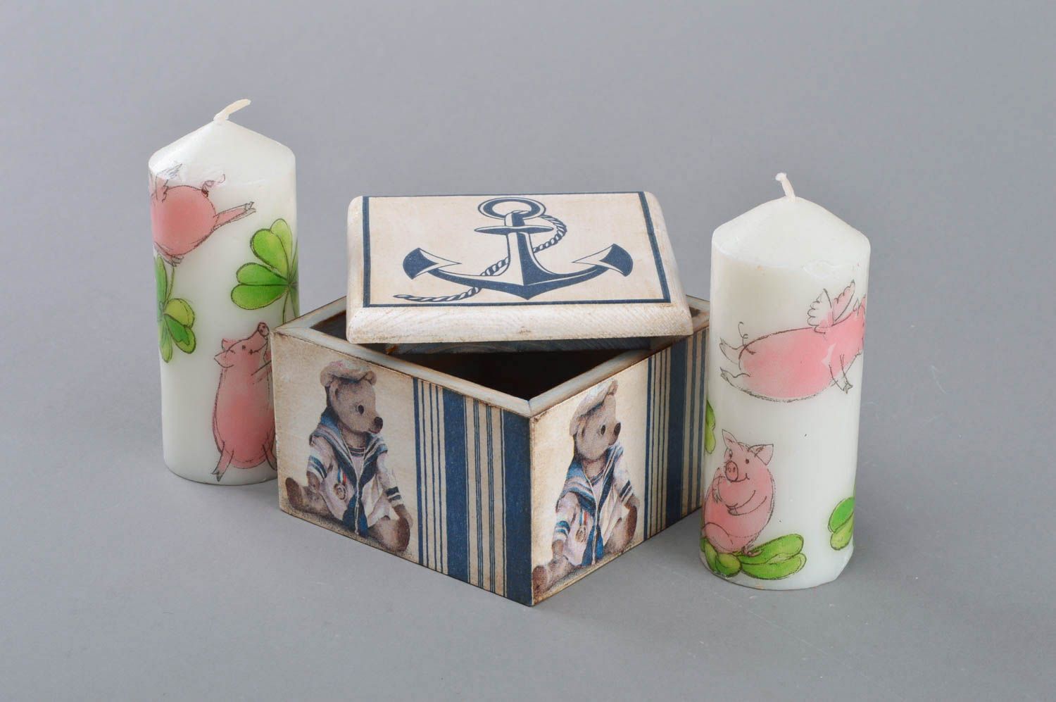Handmade decorative decoupage small square wooden jewelry box in marine style photo 2
