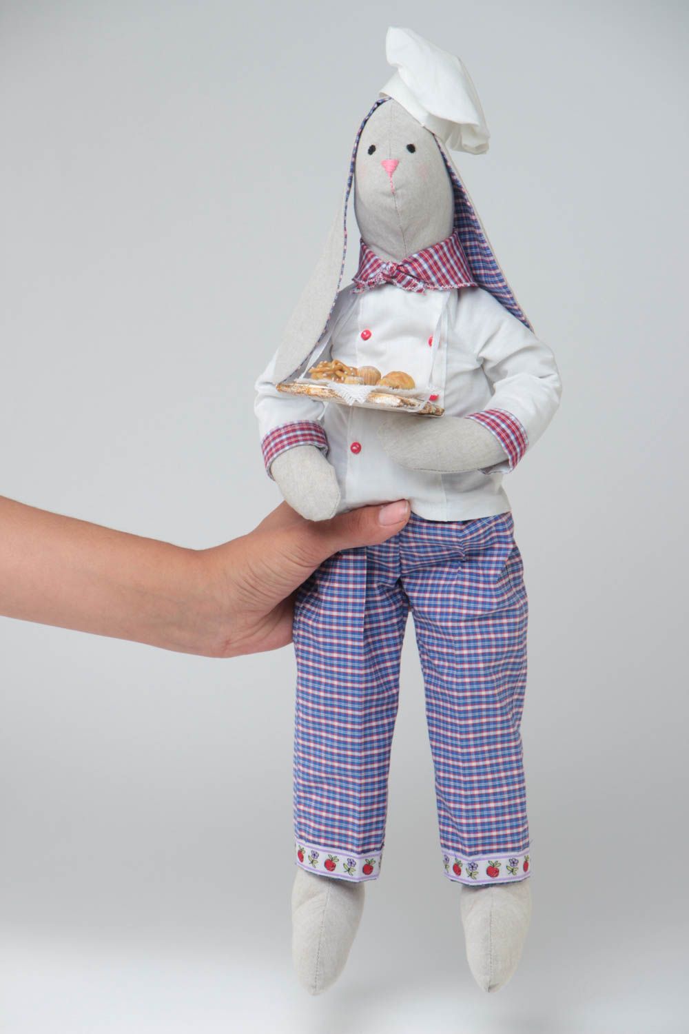 Handmade designer collectible cotton and linen fabric soft doll rabbit chef photo 5
