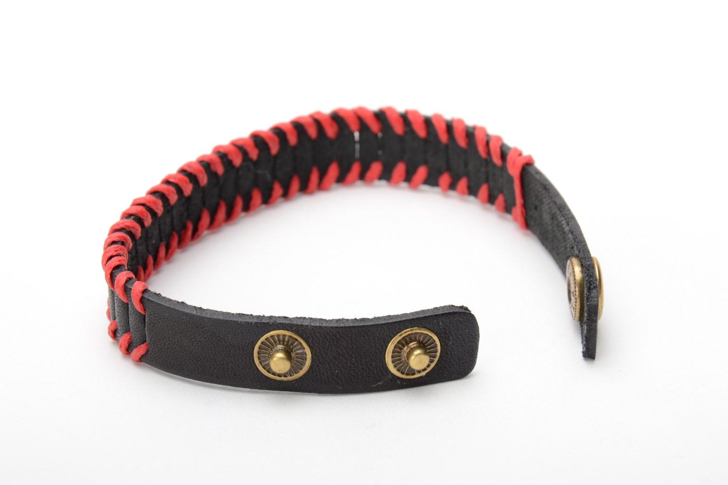 Black and red handmade genuine leather bracelet with metal studs unisex photo 4