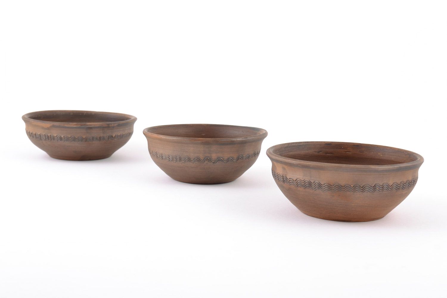 Handmade set of clay bowls 3 pieces 100 ml little brown eco friendly tableware photo 1