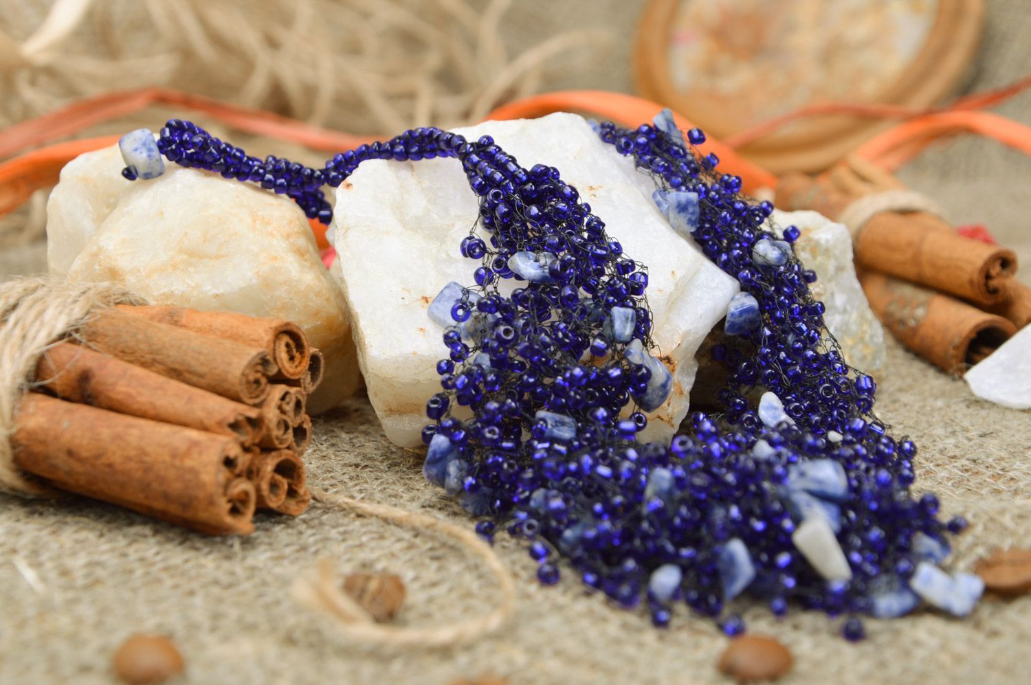 Beautiful handmade women's necklace woven of seed beads and coral of blue color photo 3