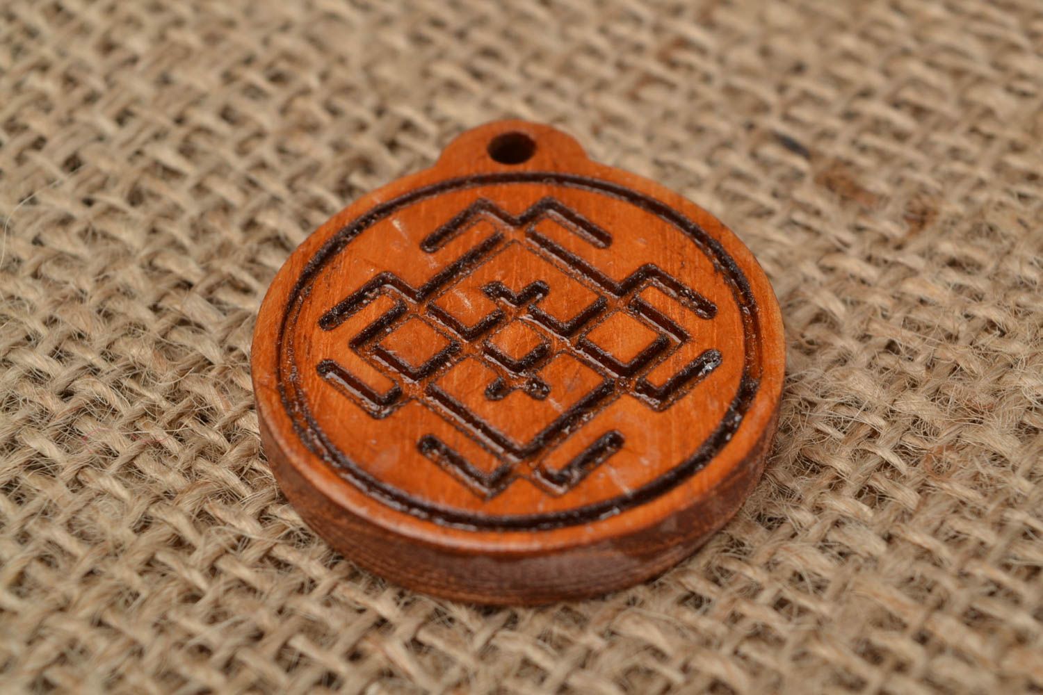 Small handmade natural acacia wood round ethnic amulet pendant Slavic symbol  photo 1