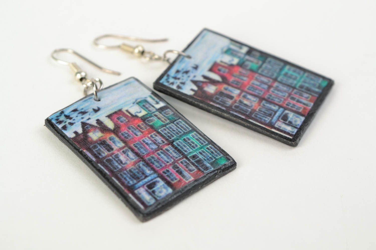 Handmade large earrings with charms made of polymer clay decorated with decoupage photo 5