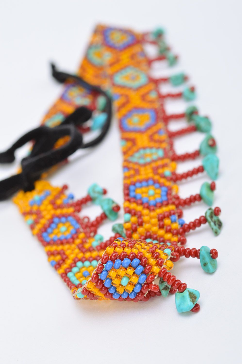 Bright handmade chocker necklace woven of Czech beads with ties photo 4