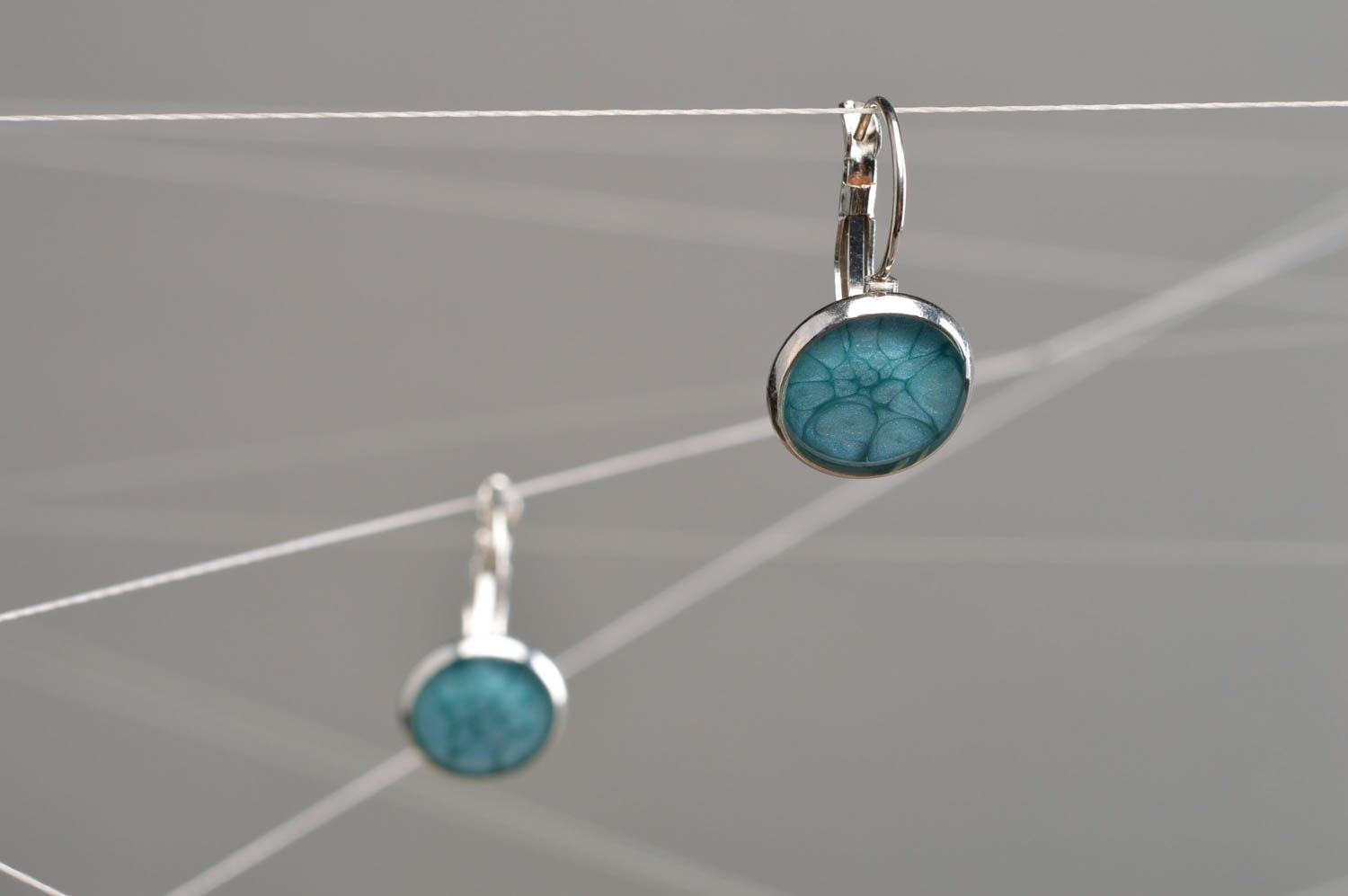 Handmade long earrings with epoxy resin stylish blue unusual designer accessory photo 1