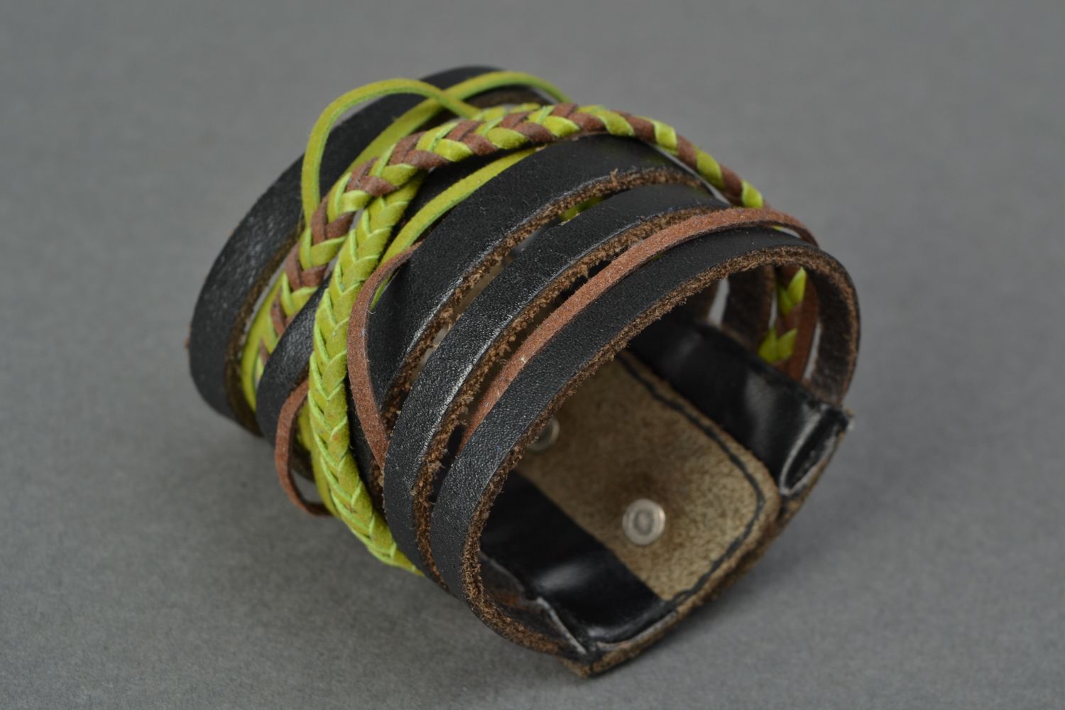 Wide leather bracelet with weaving photo 1