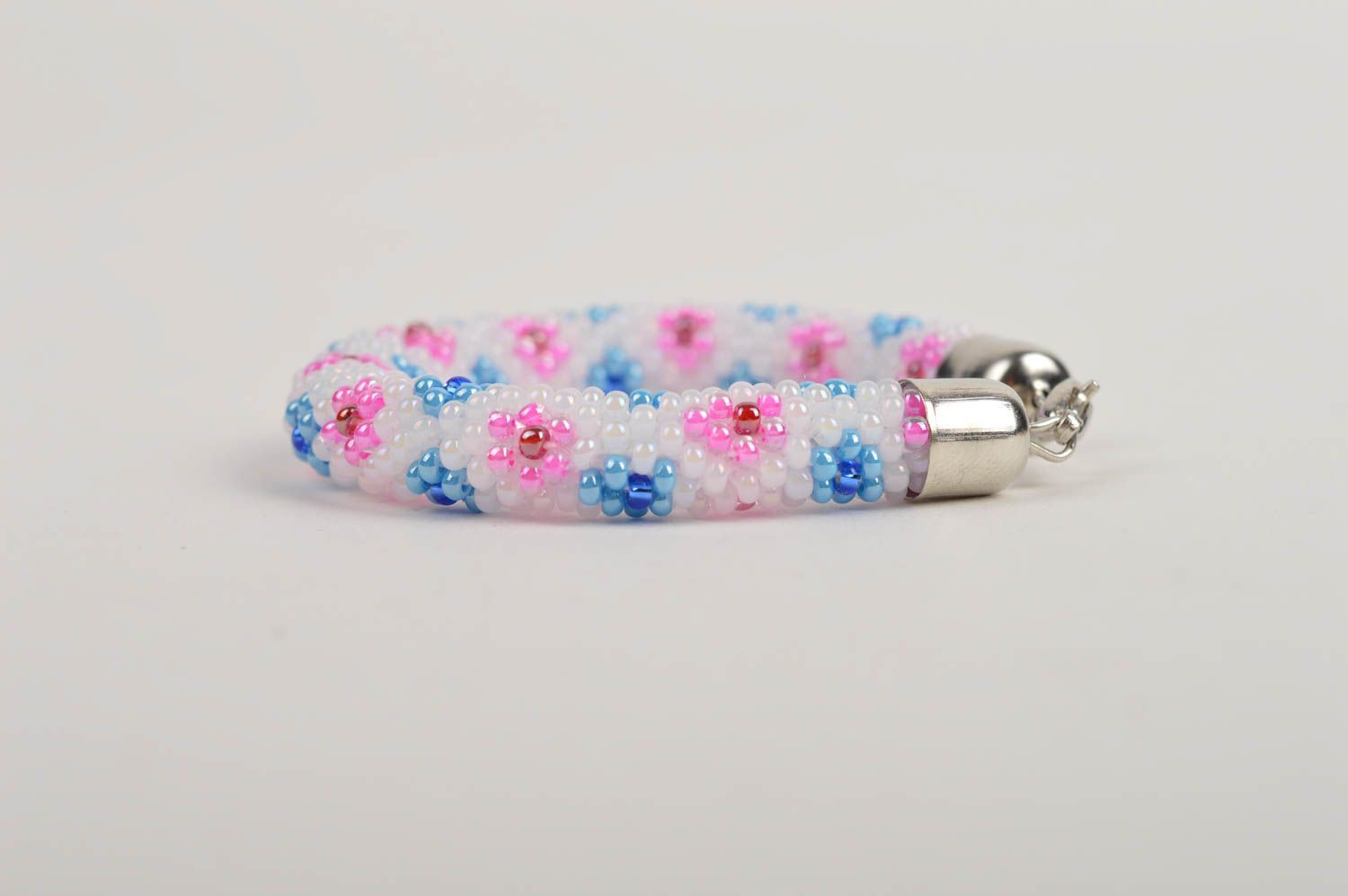 Handmade beaded bracelet cord with blue and pink flowers for girls photo 4