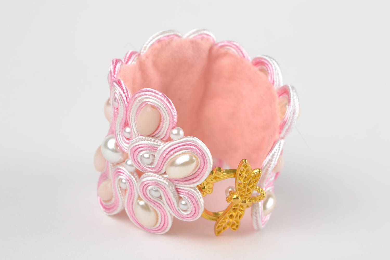 Pink handmade wide soutache wrist bracelet with cat's eye stone and beads photo 4