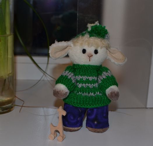Charming handmade artificial fur toy lamb in sweater photo 3