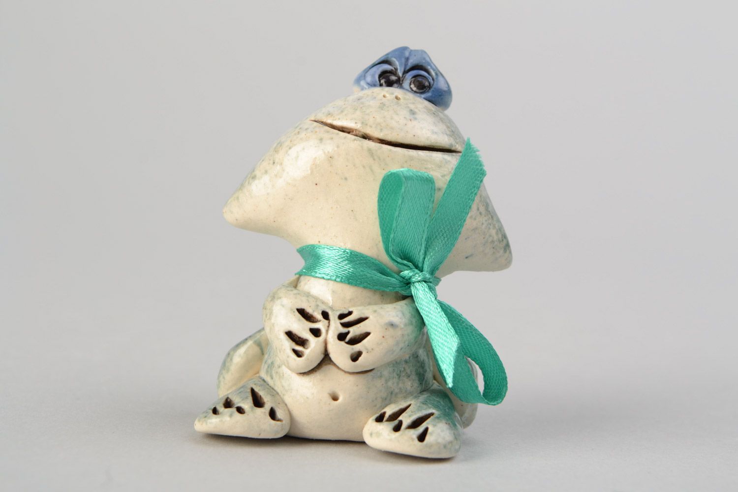 Handmade designer cute ceramic figurine of frog boy painted with colorful glaze photo 4