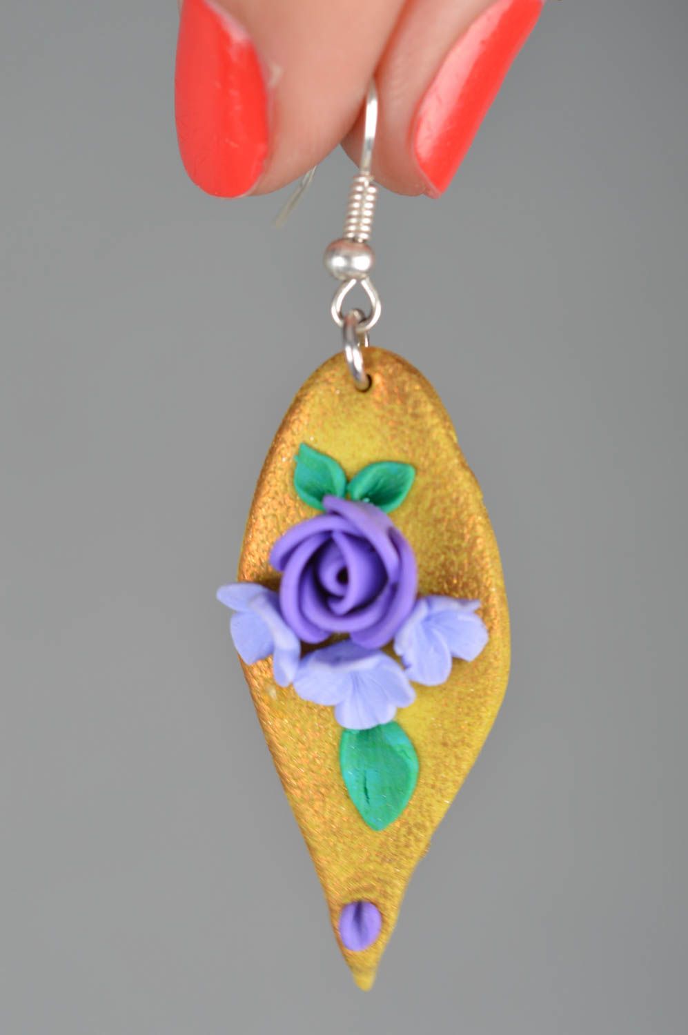 Volume long earrings made of polymer clay with flowers handmade accessory photo 3
