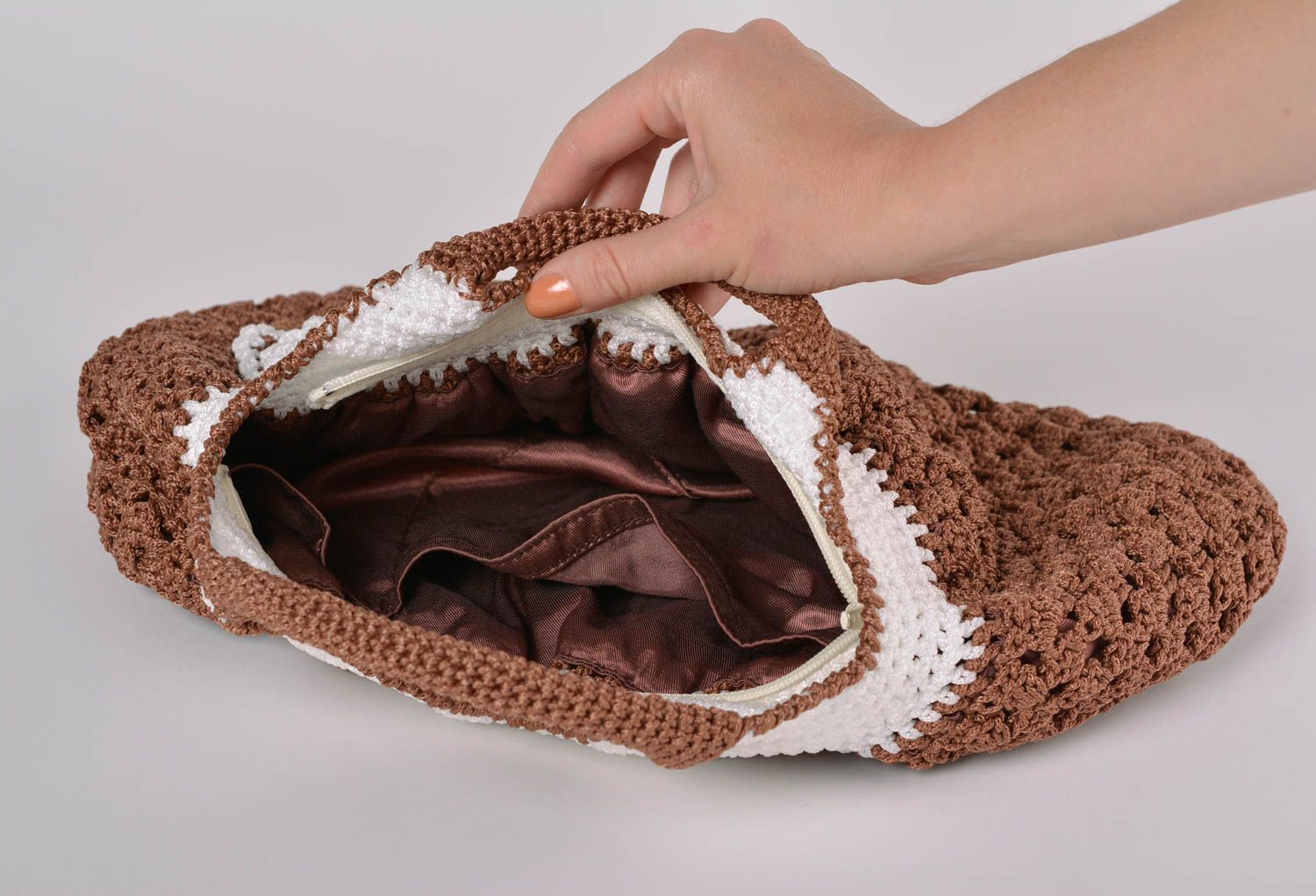 Crocheted female handbag stylish brown with flower handmade designer purse  photo 4
