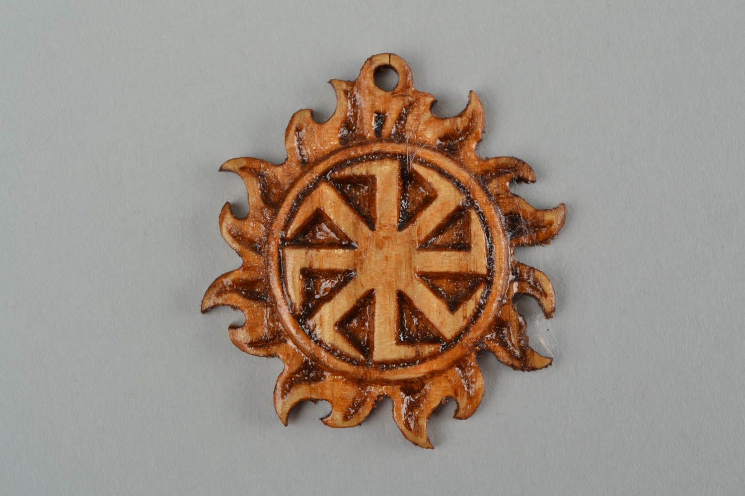 Round wooden ethnic handmade amulet pectoral pendant Kolovrat in the Sun  photo 3