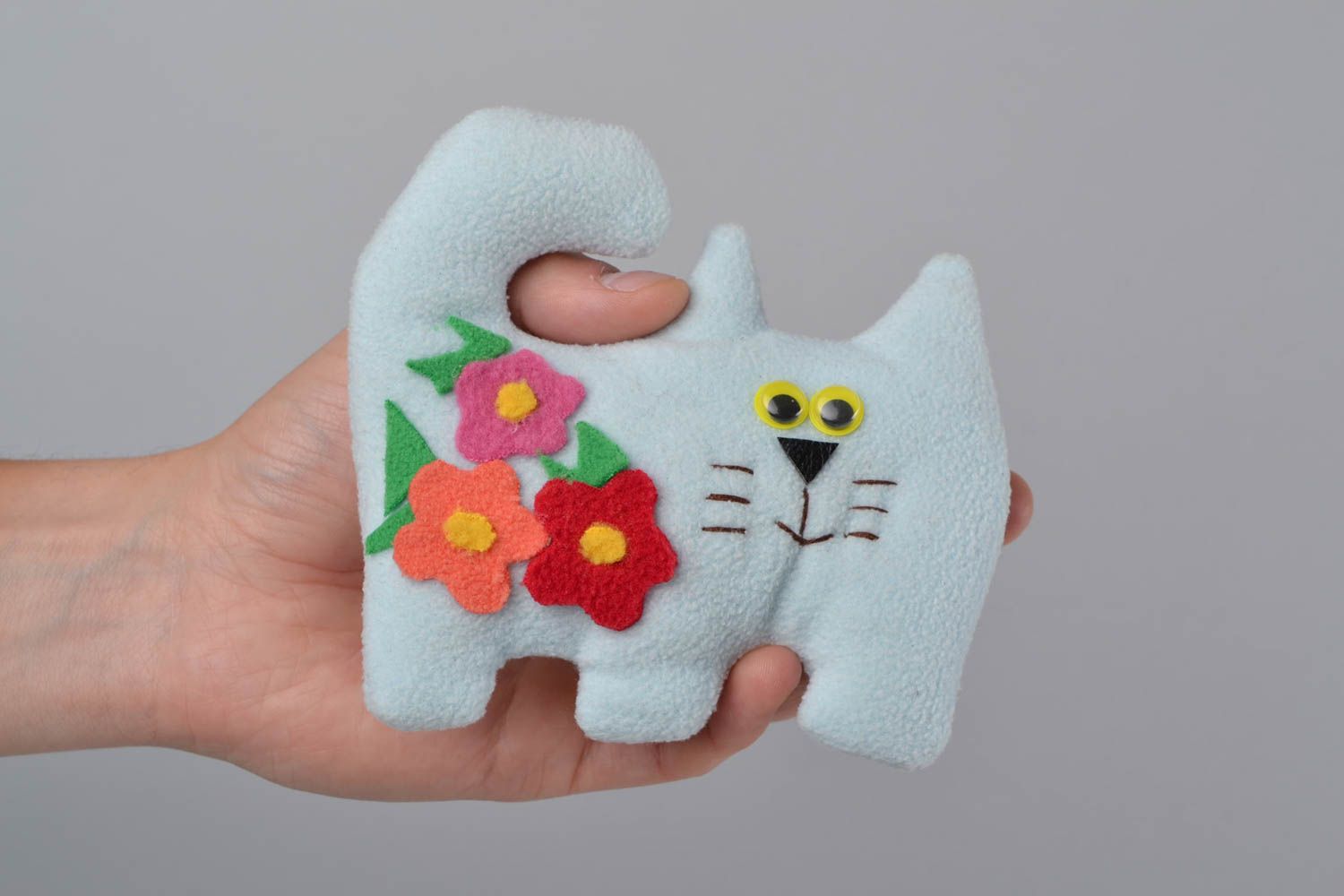 Handmade decorative interior fleece toy cat with curled tail light with flowers photo 2